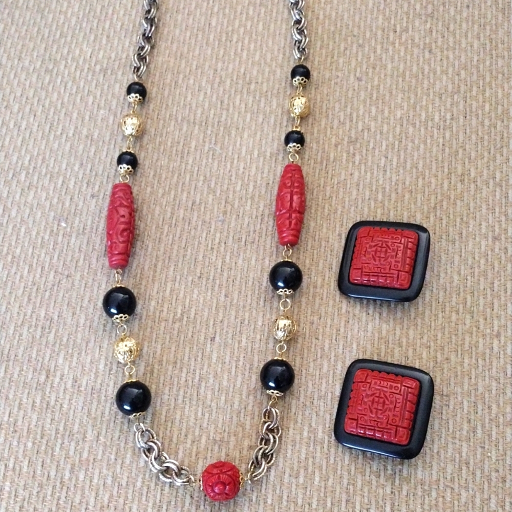 Vintage Chinese cinnabar necklace and earrings